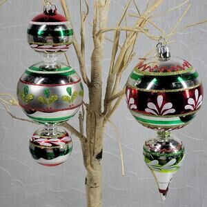 VTG Radko Shiny Brite 40s Finial Indent Reflector Glass Ornaments Hand Decorated